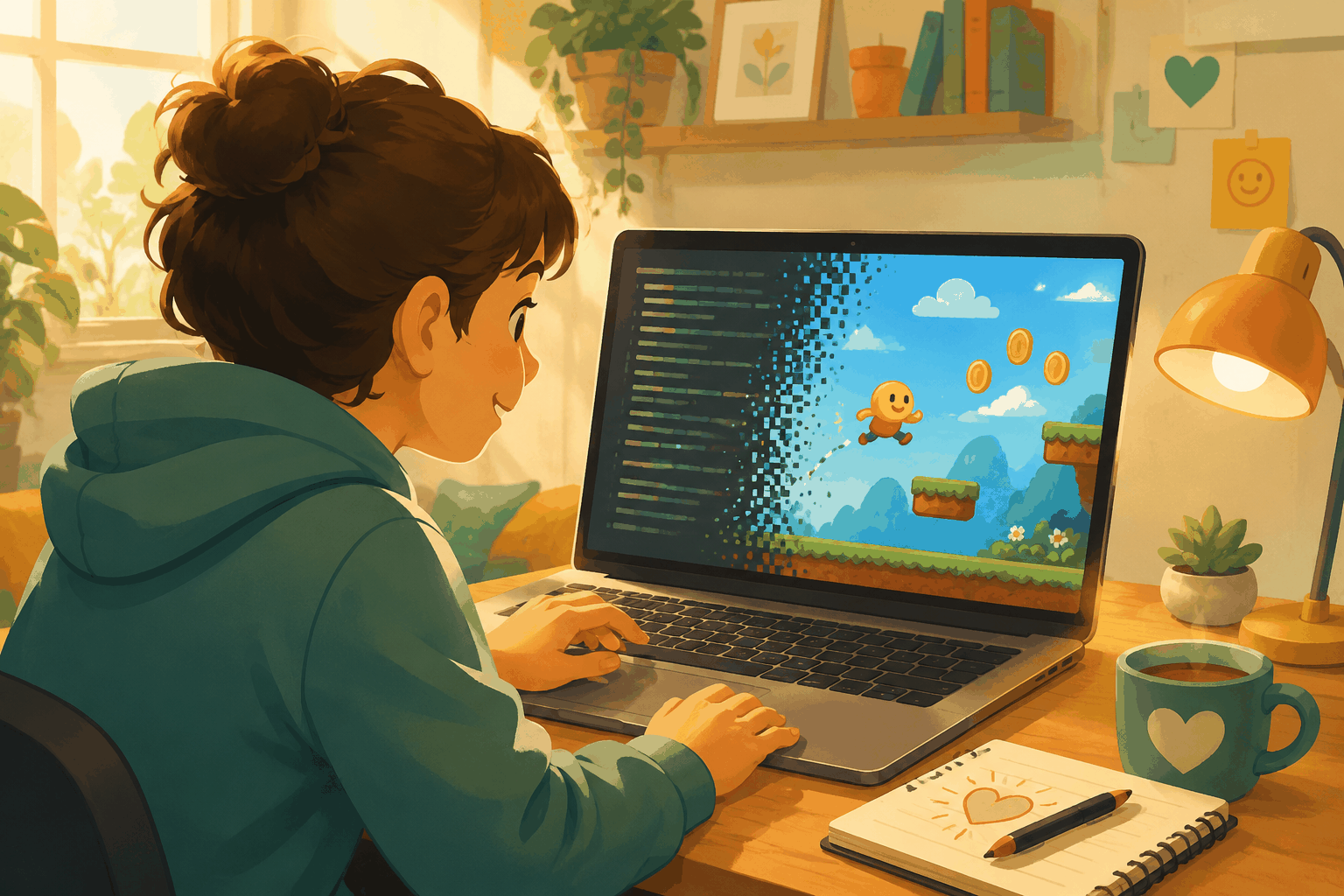 A beginner turning a text idea into a playable game on a laptop