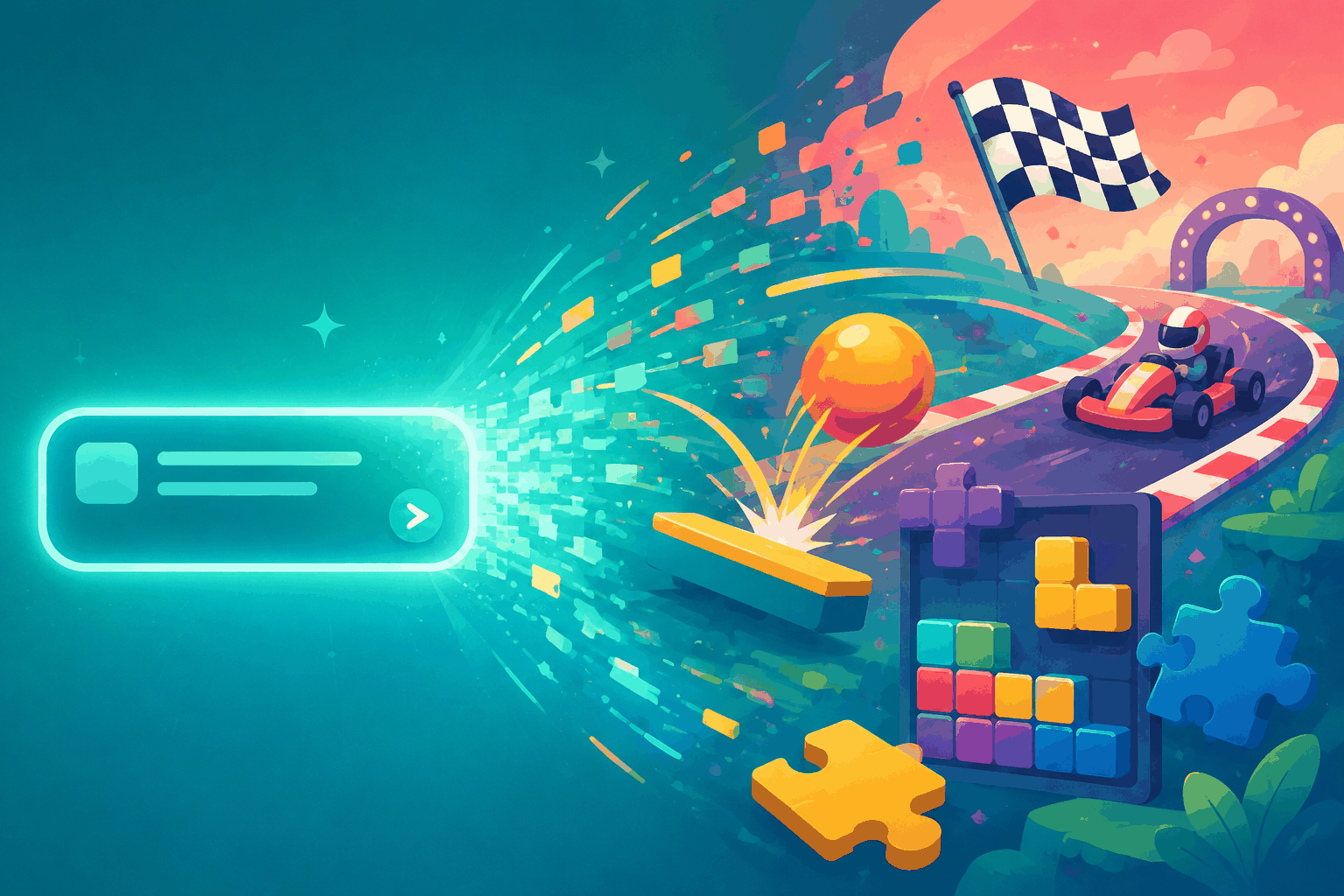 A text prompt transforming into a colorful arcade game scene