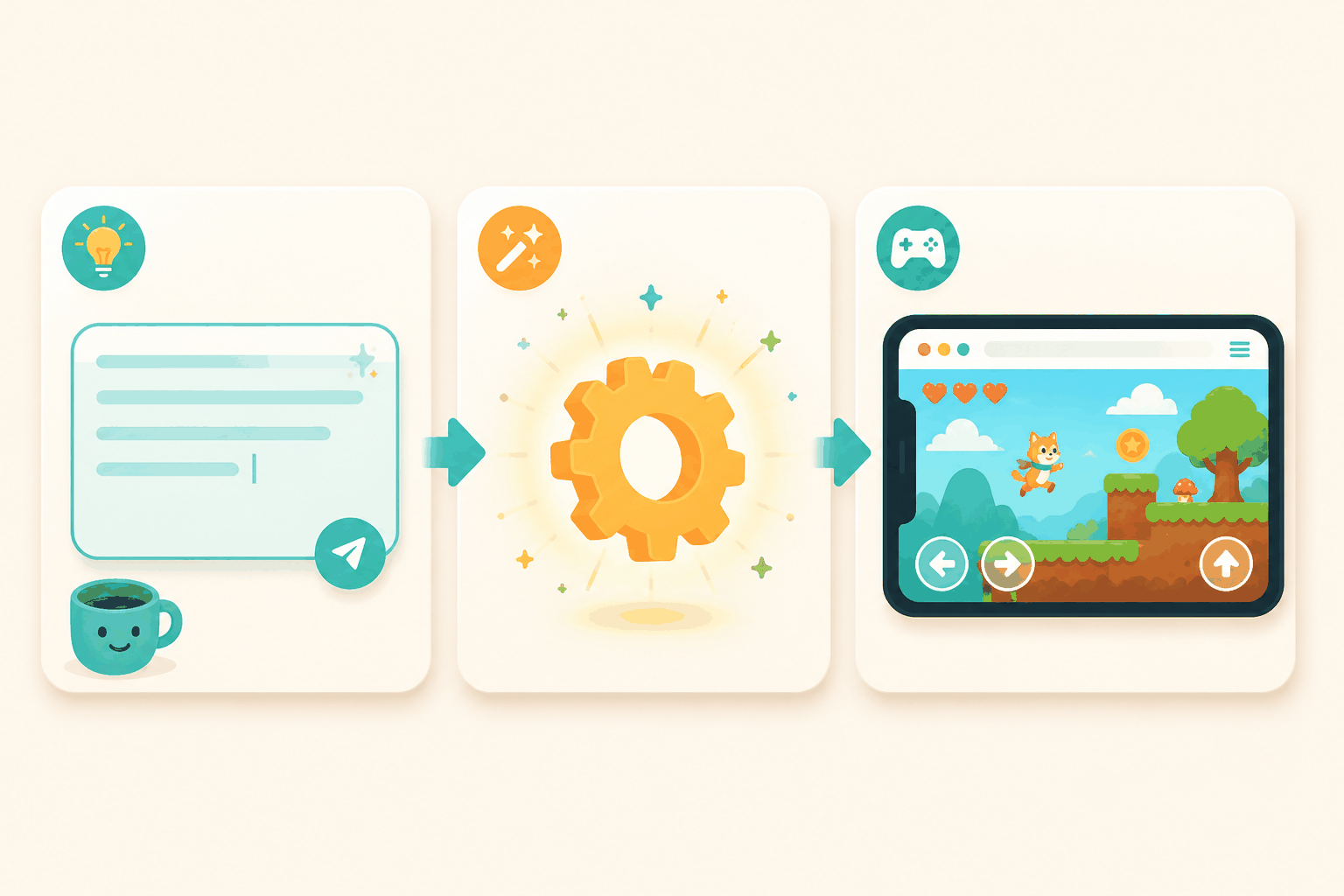 The three-step flow of turning a text idea into a playable game
