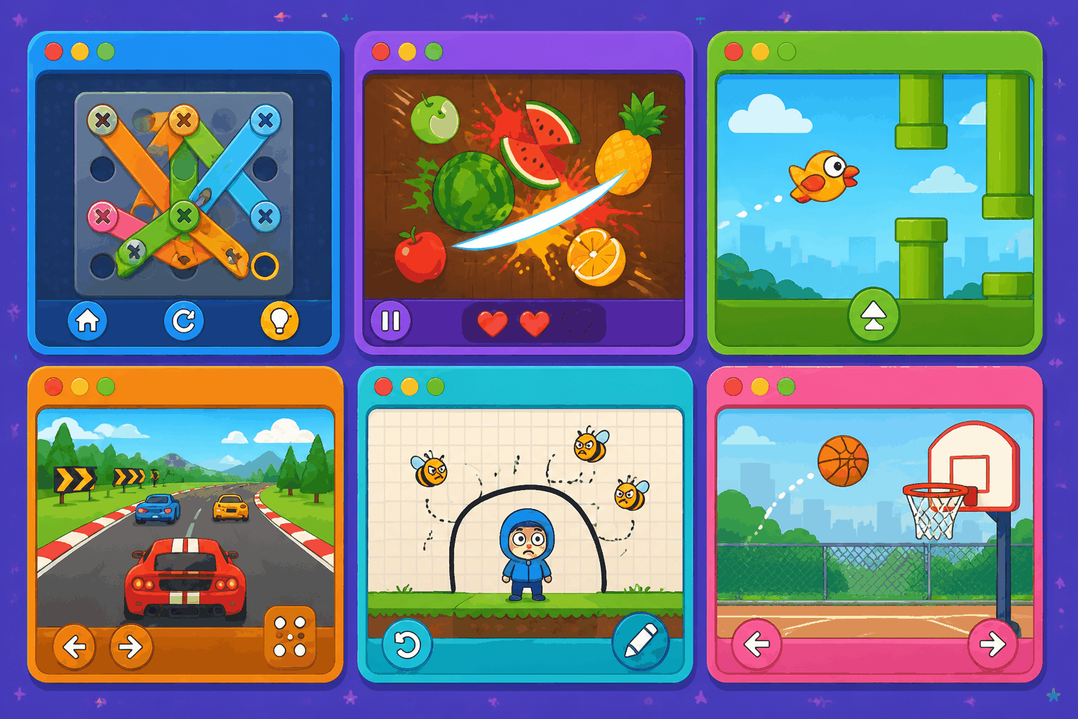 A showcase wall of six different AI-made browser games