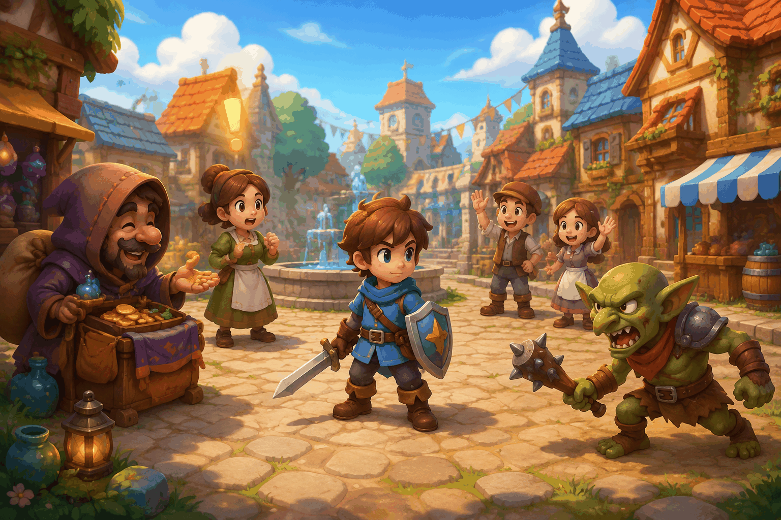 A game hero surrounded by different types of NPC characters
