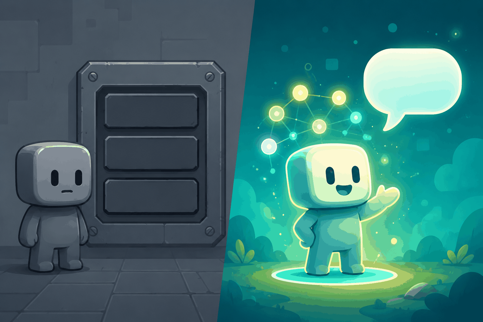 A scripted dialogue-tree NPC compared with an AI-driven talking NPC