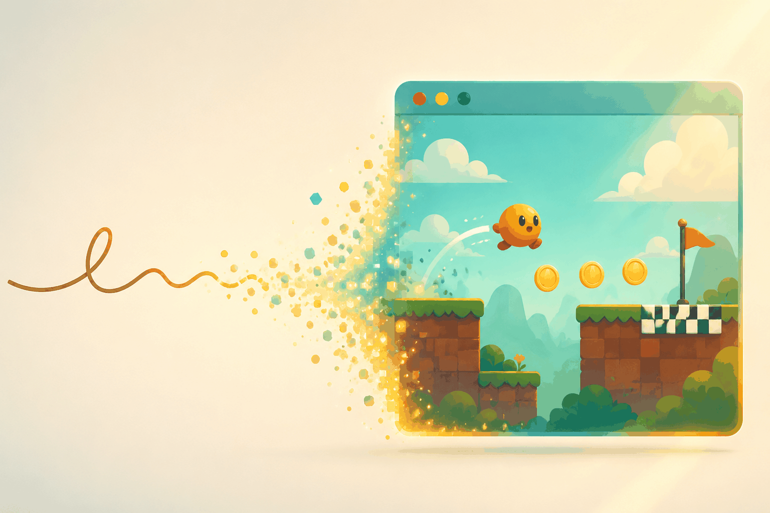A text prompt dissolving into a playable browser game scene