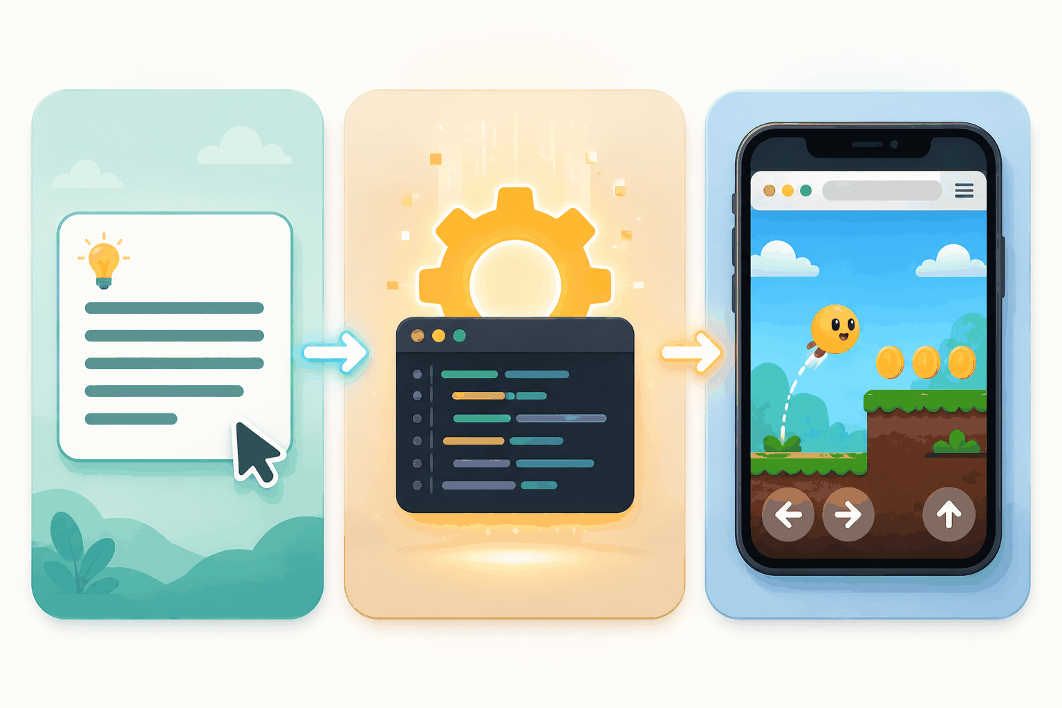 The text-to-game pipeline from prompt to generated code to a playable browser game