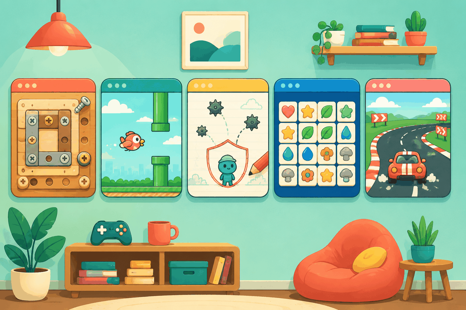 Five genres of text-to-game browser games shown as a gallery wall